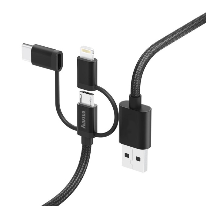 Cablu Hama - 3 в 1, USB-A/Micro USB/Lightning/USB-C, 1.5 m, negru