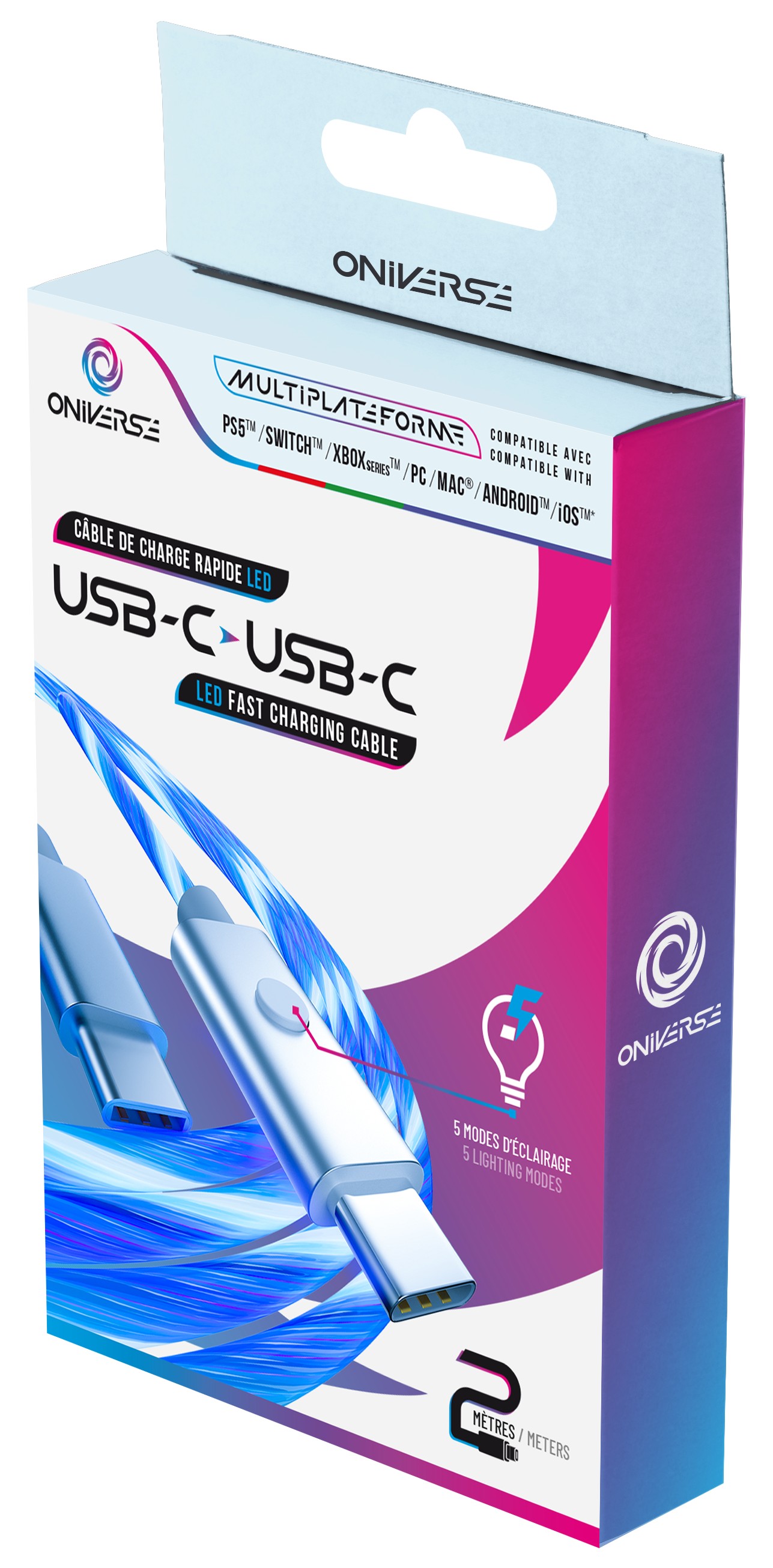Cablu Oniverse - USB-C to USB-C Led Fast Charging Cable, albastru