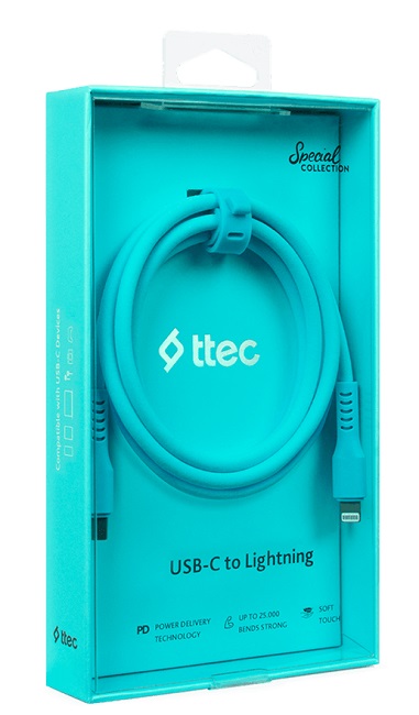 Cablu ttec - Data, USB-C/Lightning, 1.2 m, Neon Blue