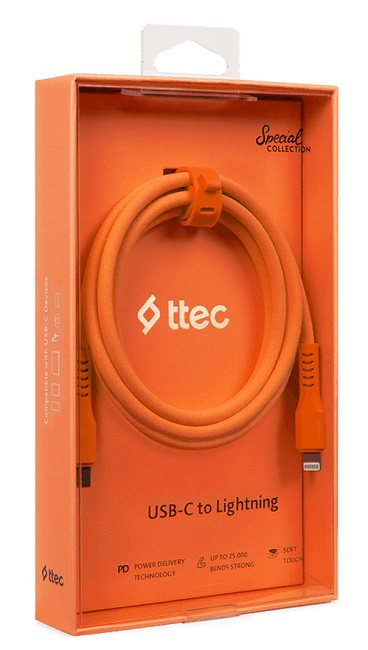 Cablu ttec - Data, USB-C/Lightning, 1.2 m, Neon Orange