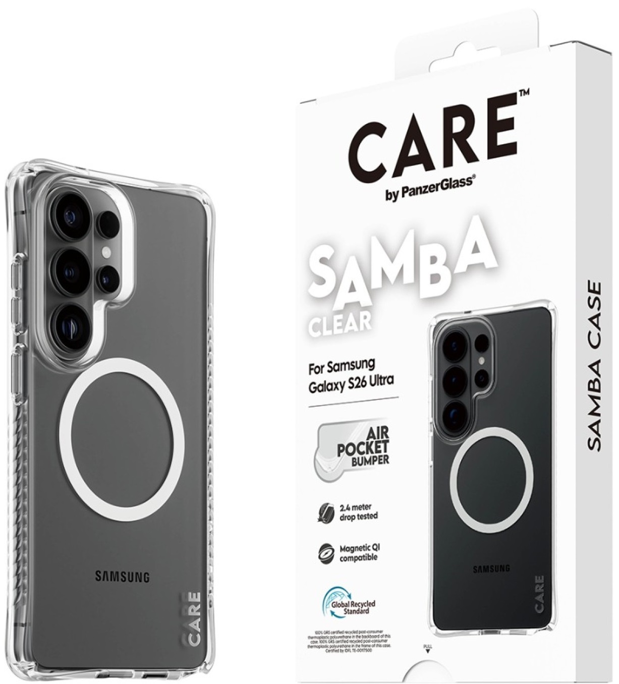 Husă CARE – Samba w. White Qi, Galaxy S26 Ultra, transparentă