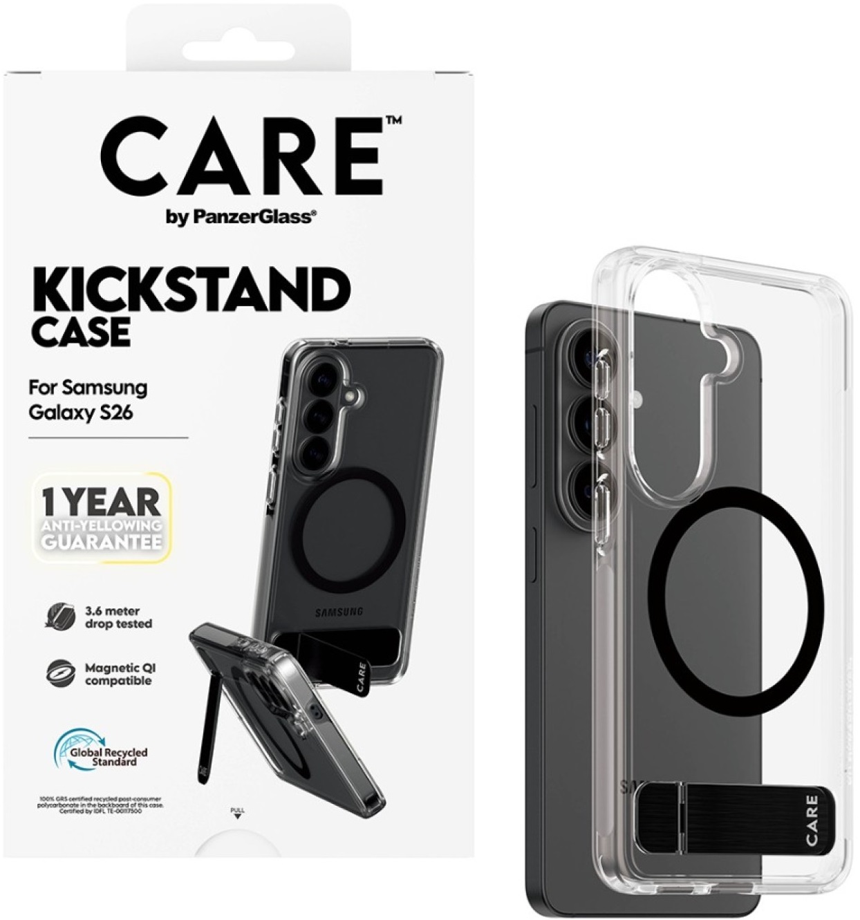 Husă CARE – Urban Explorer w. Black Kickstand, Galaxy S26, transparent