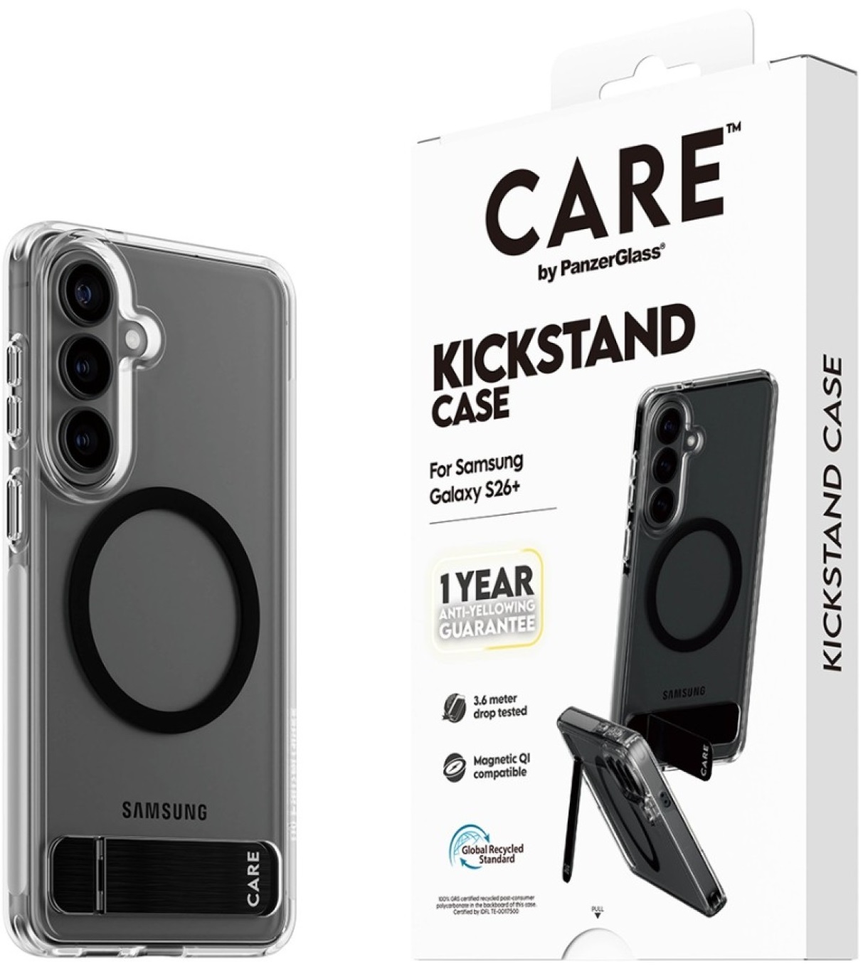 Husă CARE – Urban Explorer w. Black Kickstand, Galaxy S26 Plus, transparent