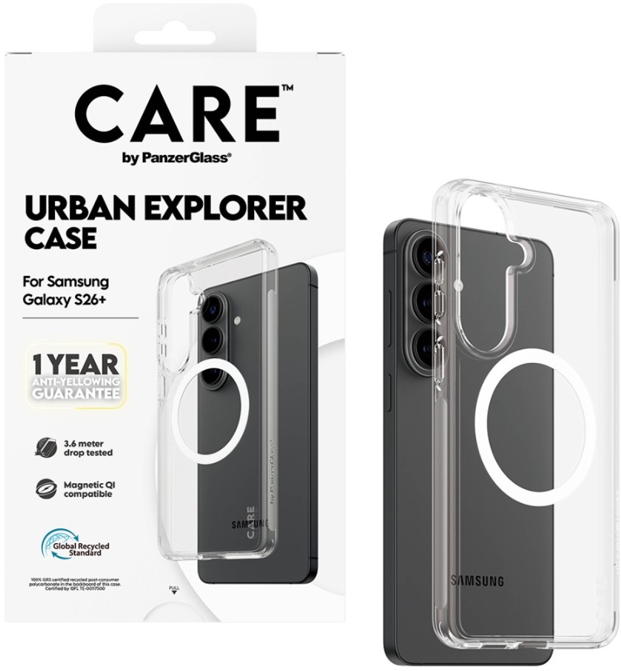 Husa CARE – Urban Explorer w. White Qi, Galaxy S26 Plus, transparent
