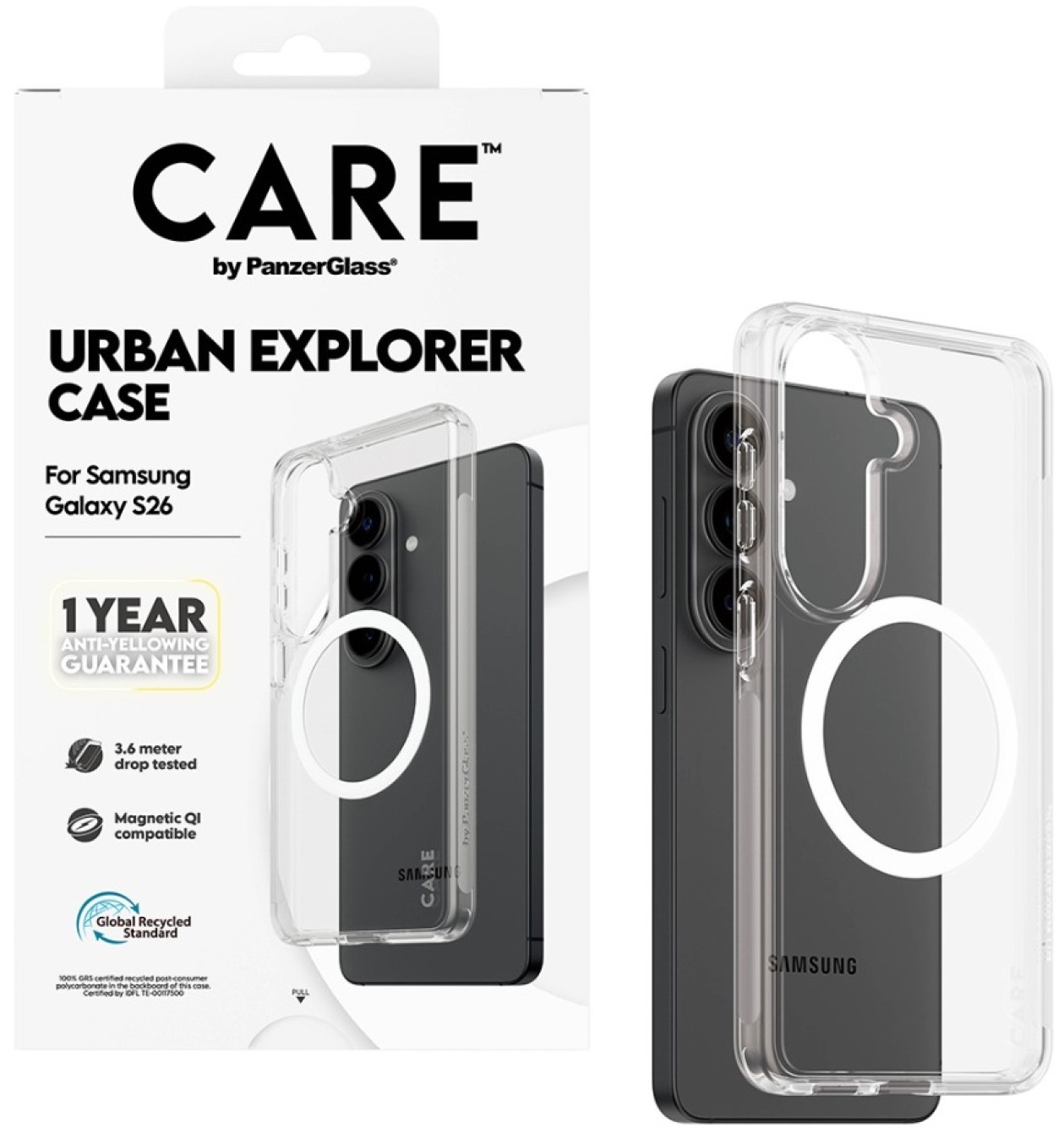 Husa CARE – Urban Explorer w. White Qi, Galaxy S26, transparent