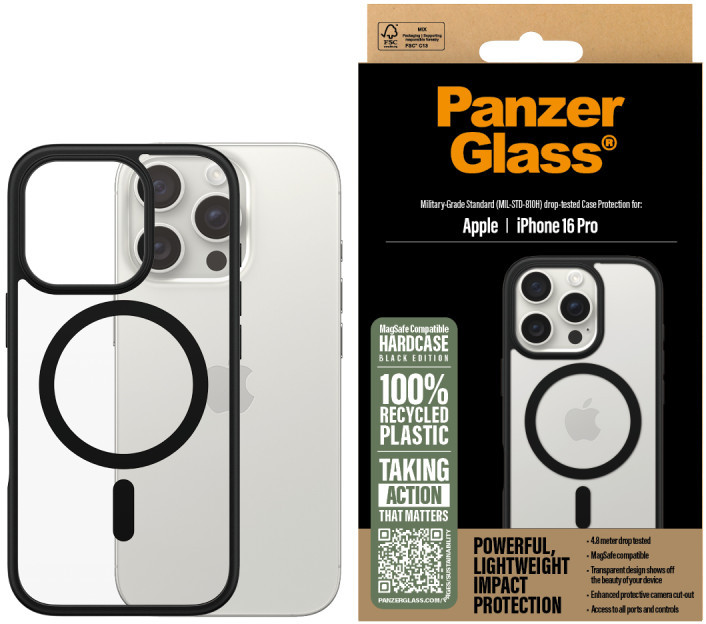 Husă PanzerGlass - HardCase Black MagSafe, iPhone 16 Pro, transparent