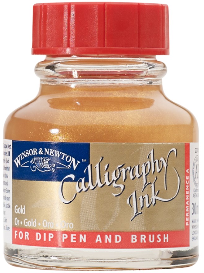 Cerneală de caligrafie Winsor & Newton - Auriu metalic, 30 ml