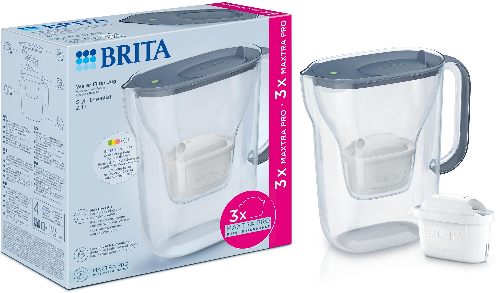 Cană BRITA - Style Cool Essential, LED, 2.4 l, cu 3 Maxtra Pro, albastru de piatră