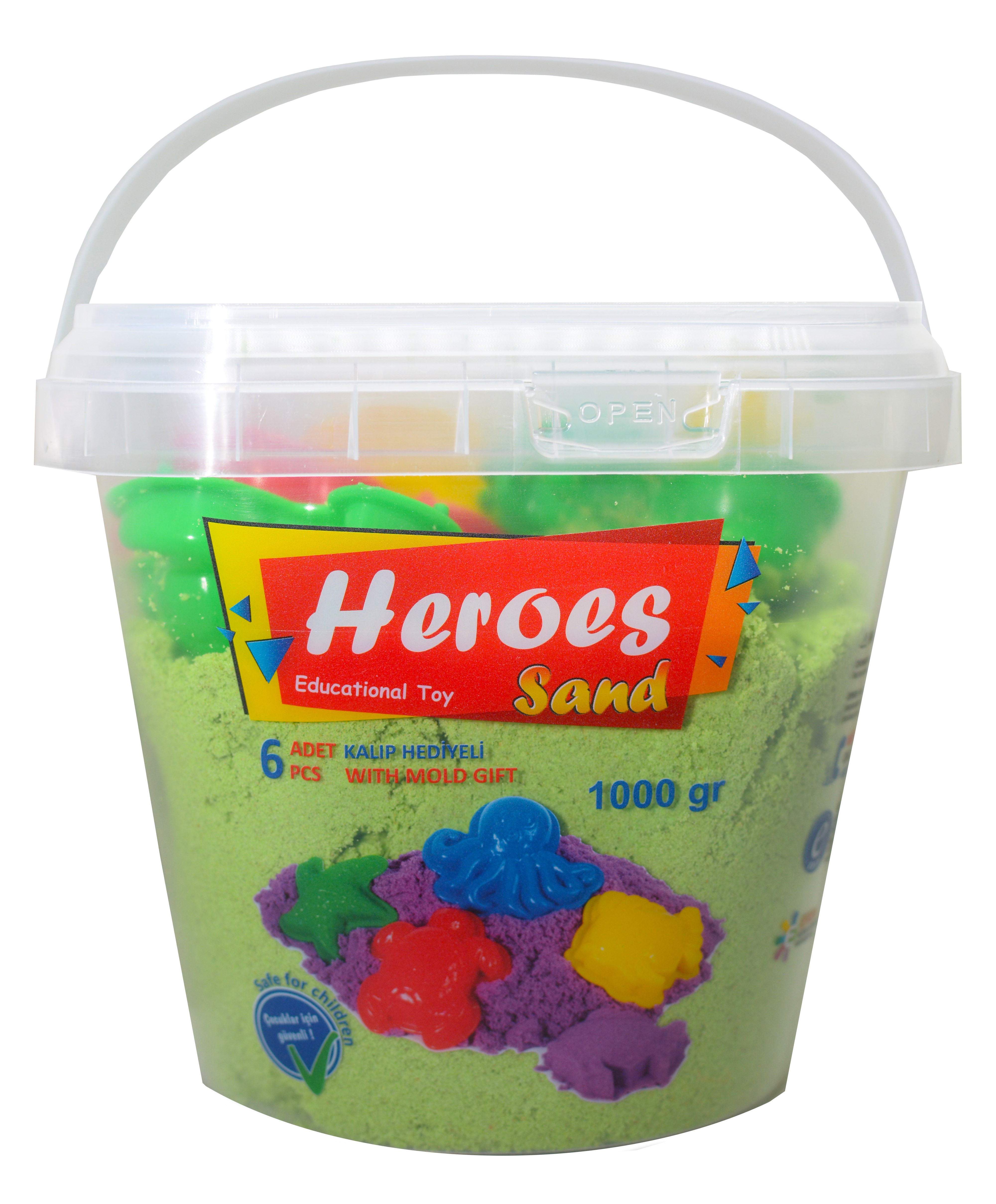 Nisip kinetic în găleată Heroes - Culoare verde cu 6 figurine, 1000 g