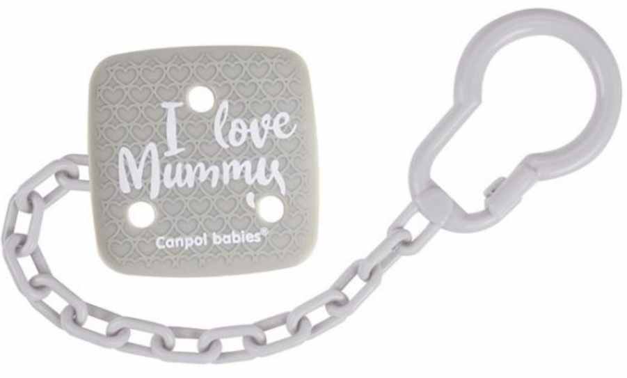 Clips pentru suzetă Canpol - I Love Mummy, cu lanț, gri