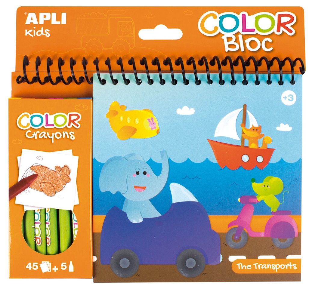 Carte de colorat Apli - Transport, 45 pagini + 5 pasteluri