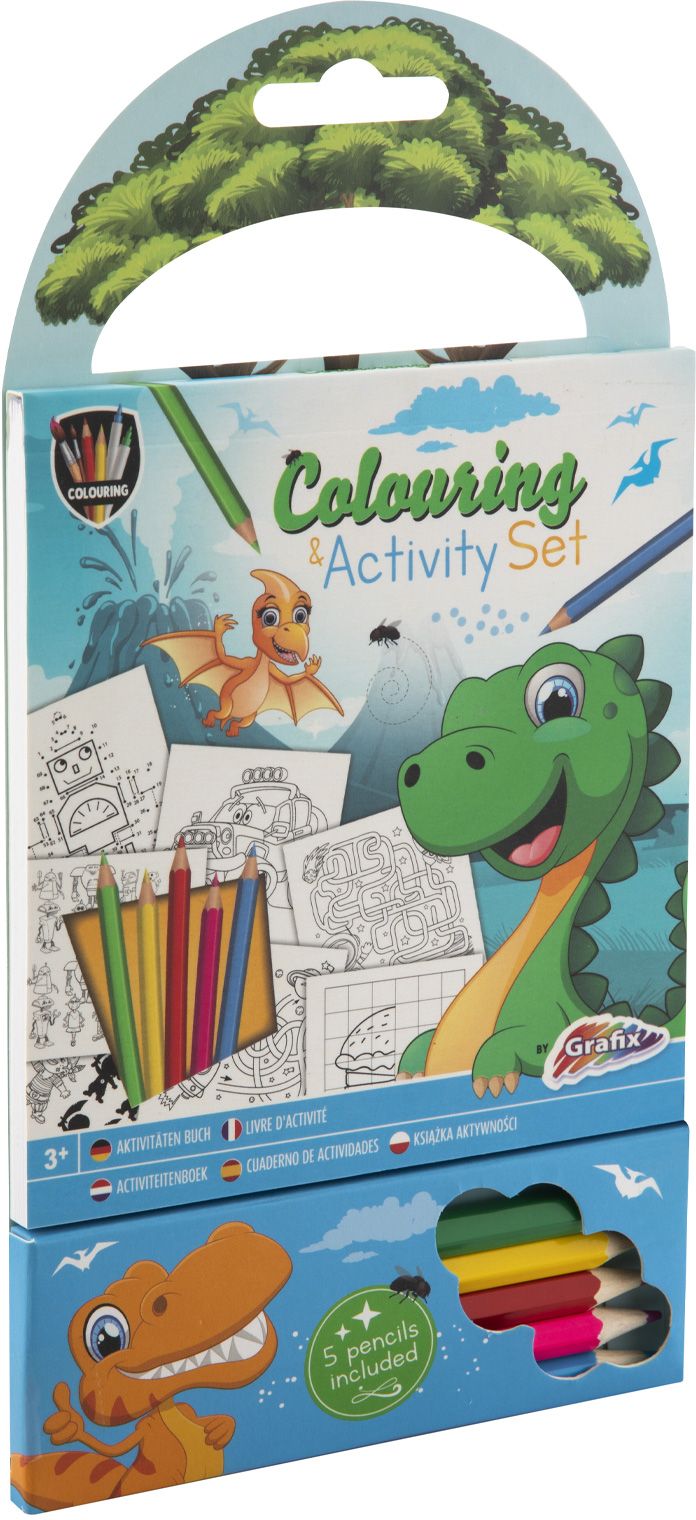 Caiet de colorat și activități Grafix - Dinozaur, cu 5 creioane