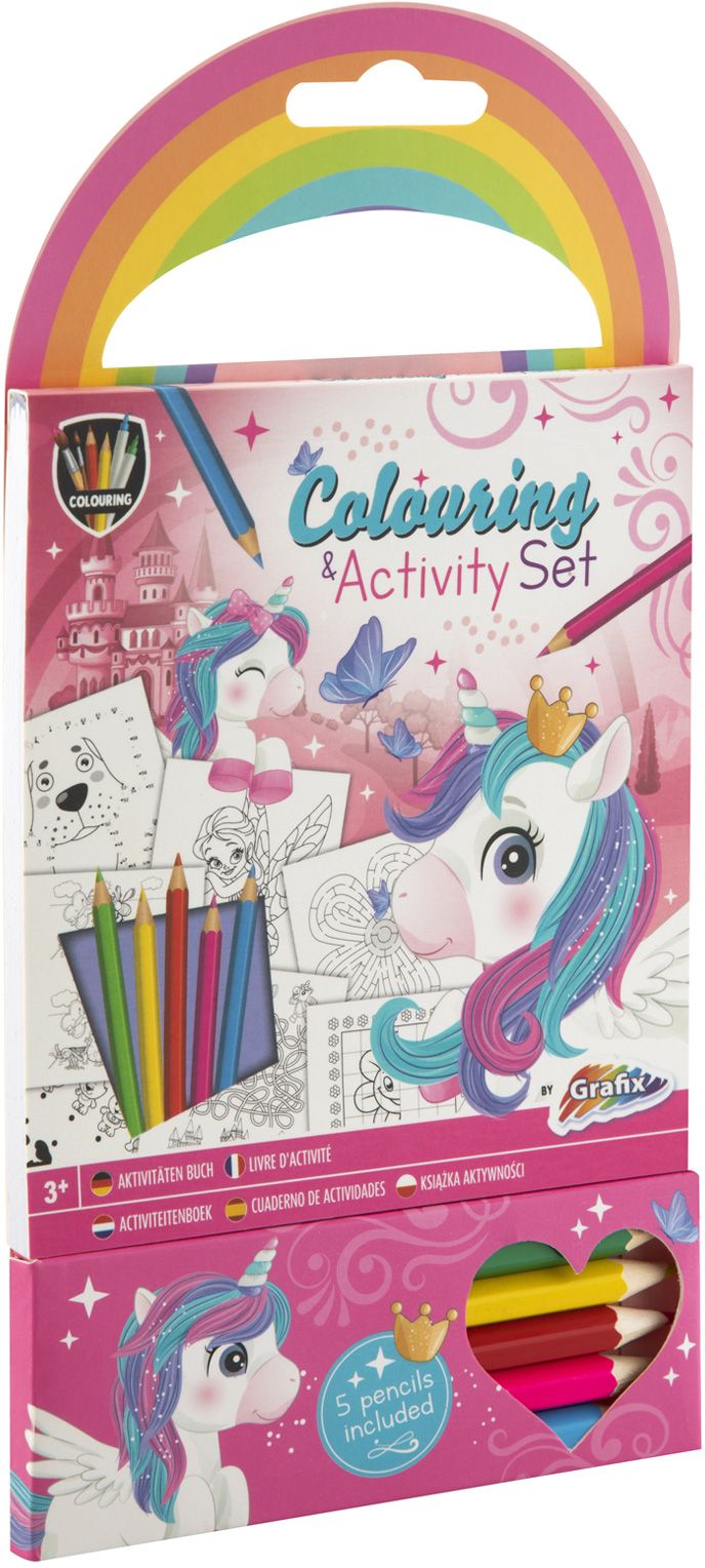 Caiet de colorat și activități Grafix - Unicorn, cu 5 creioane