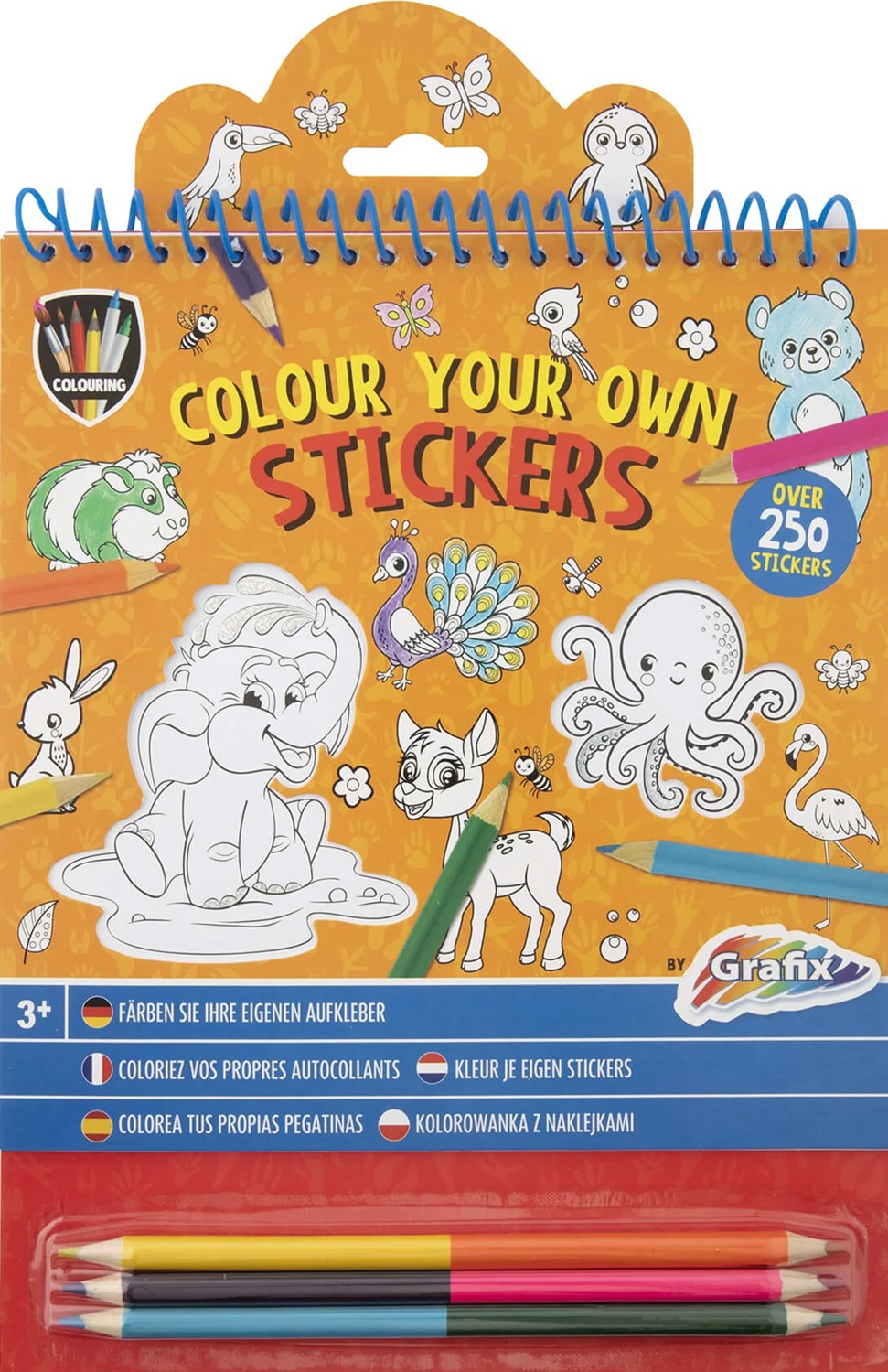 Carte de colorat autocolant Grafix Colouring -Cu 3 creioane, portocaliu