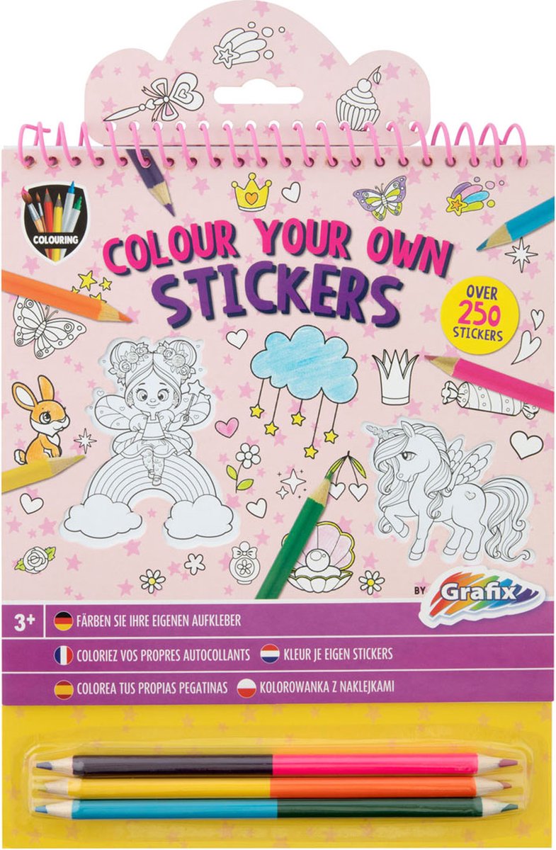 Carte de colorat autocolant Grafix Colouring - Cu 3 creioane, roz