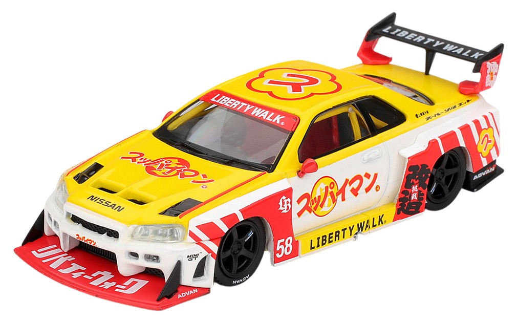 Model colecționabil Mini GT Mașini de curse - Nissan Skyline GT-R (R34N) LB-ER34 Super Silhouette SKYLINE Suppaiman Okinawa (2025) (RHD)