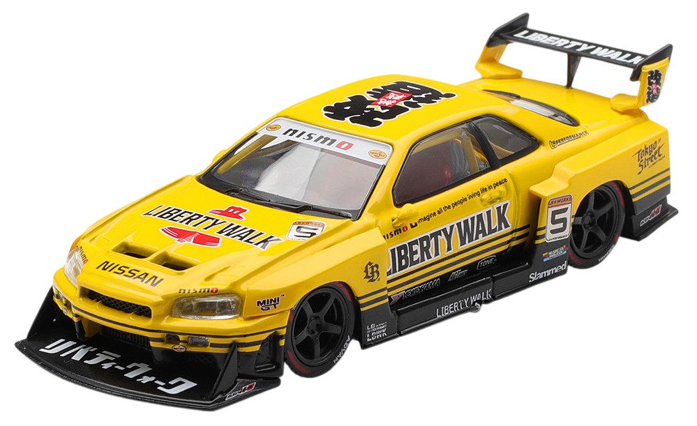 Model colecționabil Mini GT Mașini de curse - Nissan Skyline GT-R (R34N) LB-ER34 Super Silhouette SKYLINE (Galben sport) (2025) (RHD)