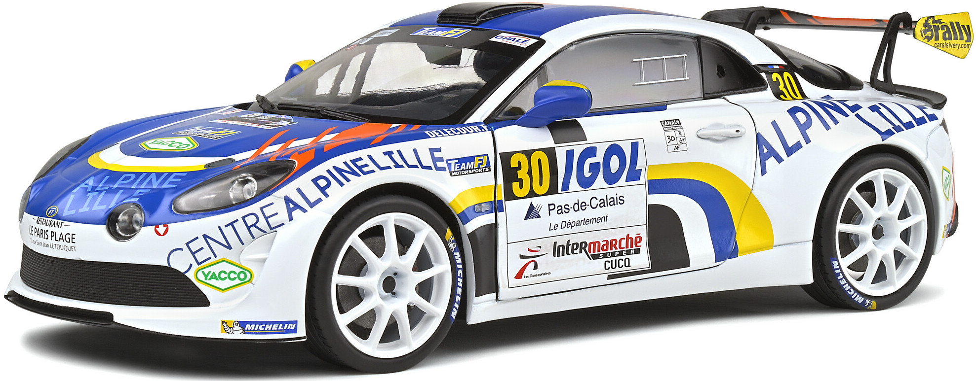 Model de colecție SOLIDO Curse: Mașini - Alpine A110 RGT Rallye du Touquet (2020)