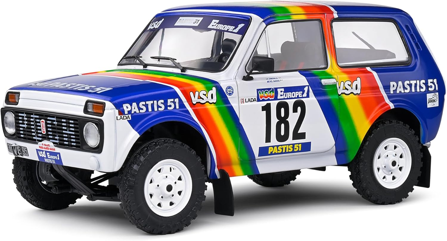Model de colecție SOLIDO Curse: Mașini - Lada Niva White #182 Jabouille/Sardou Paris-Dakar (1984)