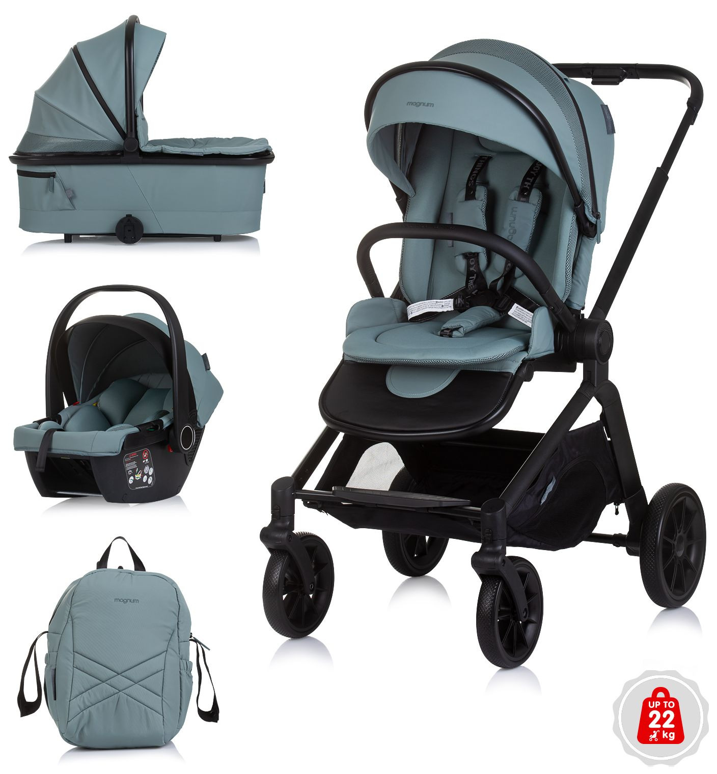 Carucior combinat 3 in 1 pentru bebelusi  Chipolino - Magnum , busuioc