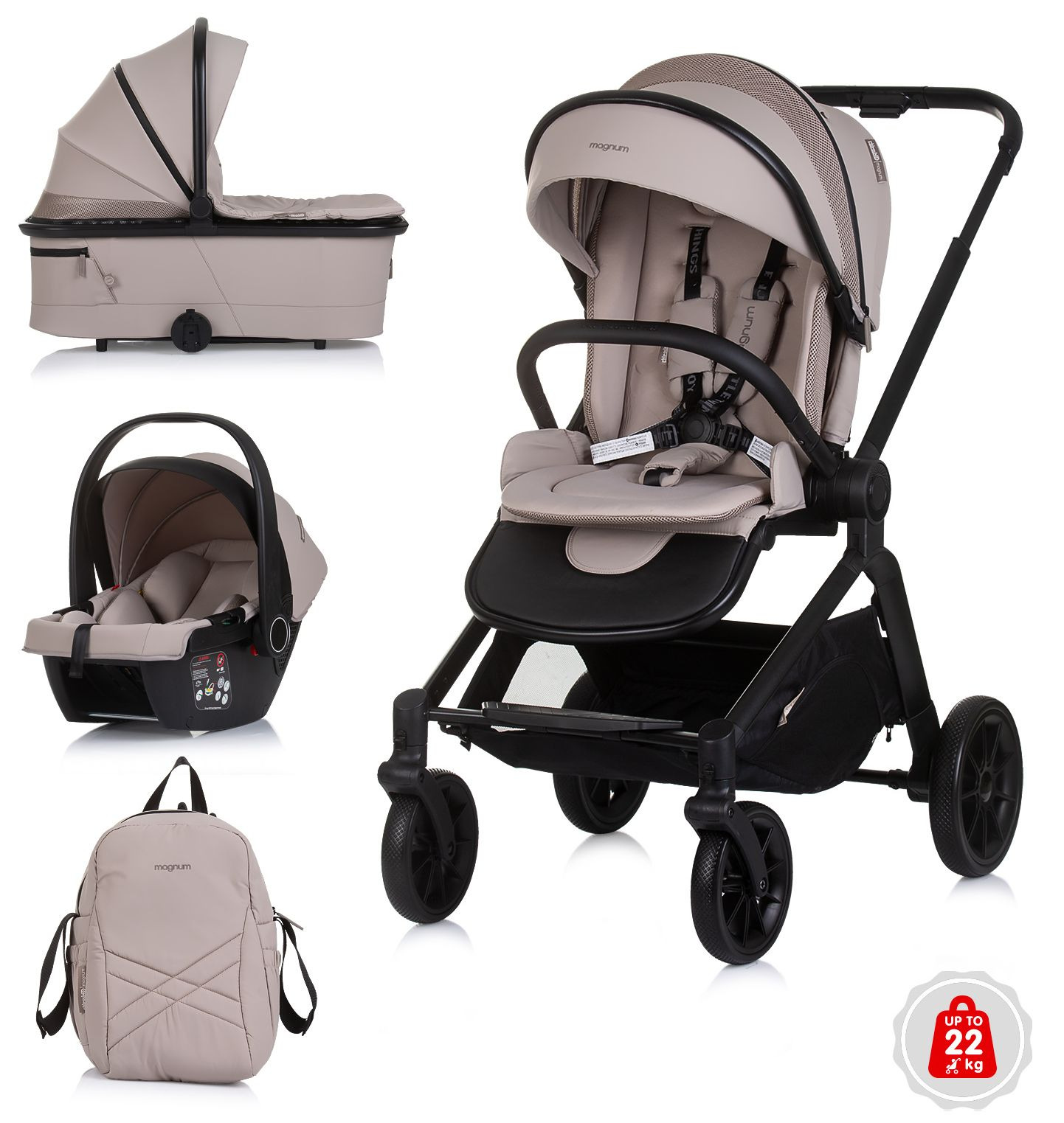 Carucior combinat 3 in 1 pentru bebelusi  Chipolino - Magnum , tiramisu