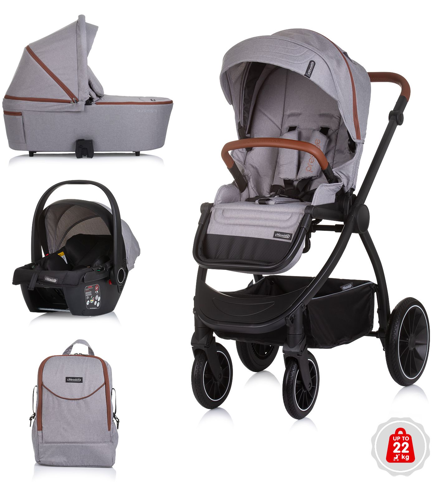 Carucior combinat 3 in 1 pentru bebelusi  Chipolino - Prestige, gri tulbure