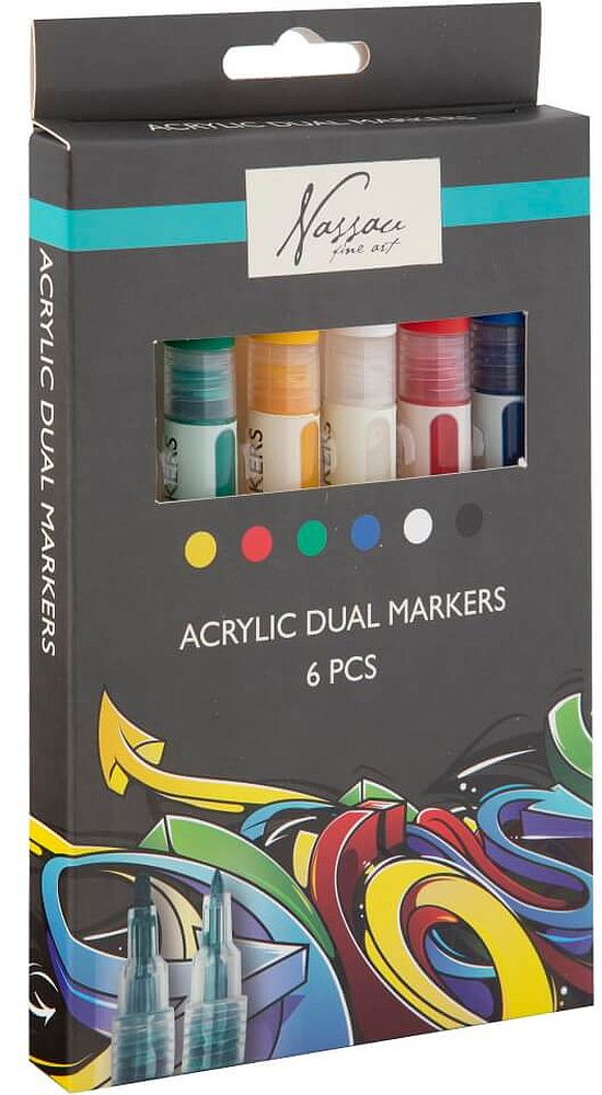 Set de markere acrilice Nassau Fine Art - Dublu vârf, 6 buc