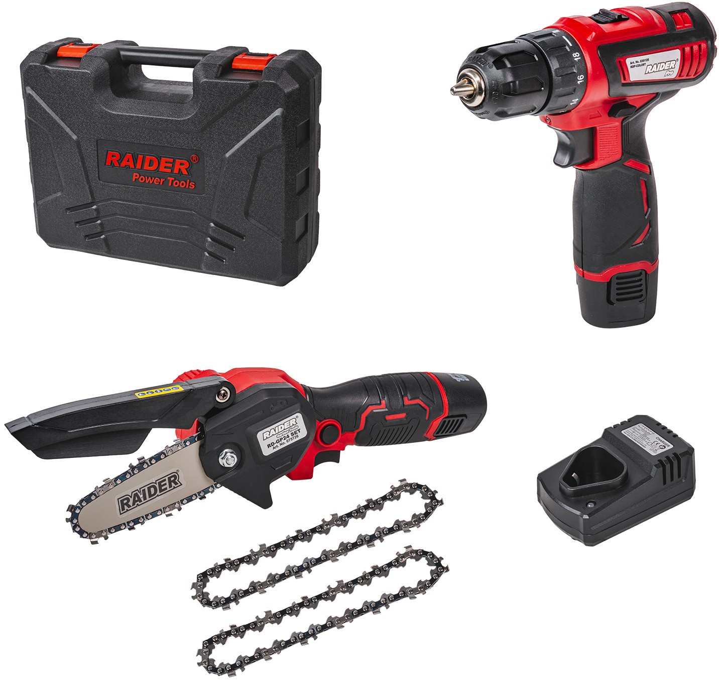 Set cu bormașină pe acumulator și fierăstrău Raider - Pro, RDP-CDLGP02, cu baterii și încărcător