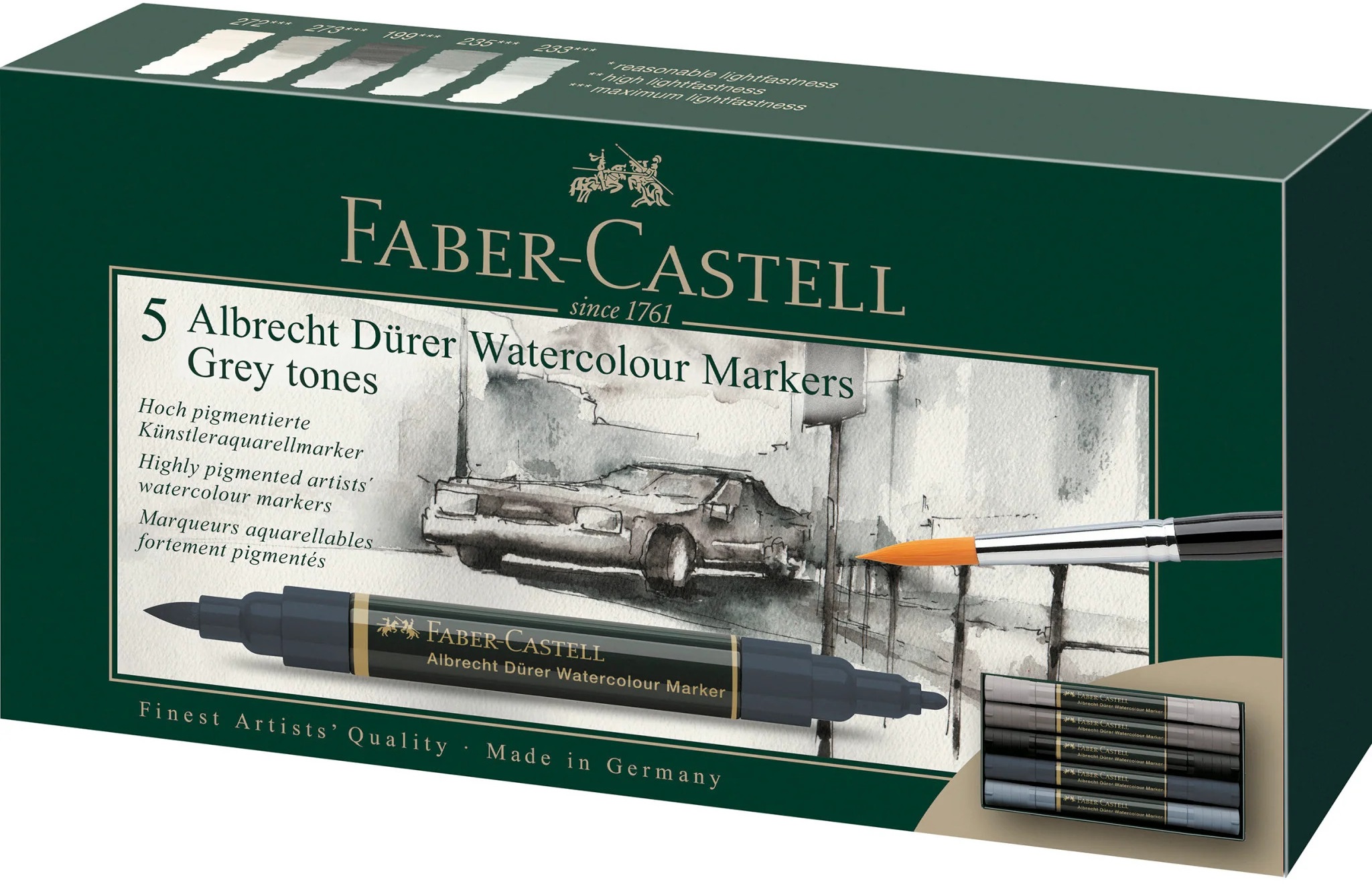 Set de markere acuarelabile Faber-Castell Albrech Dürer - 5 culori, tonuri de gri