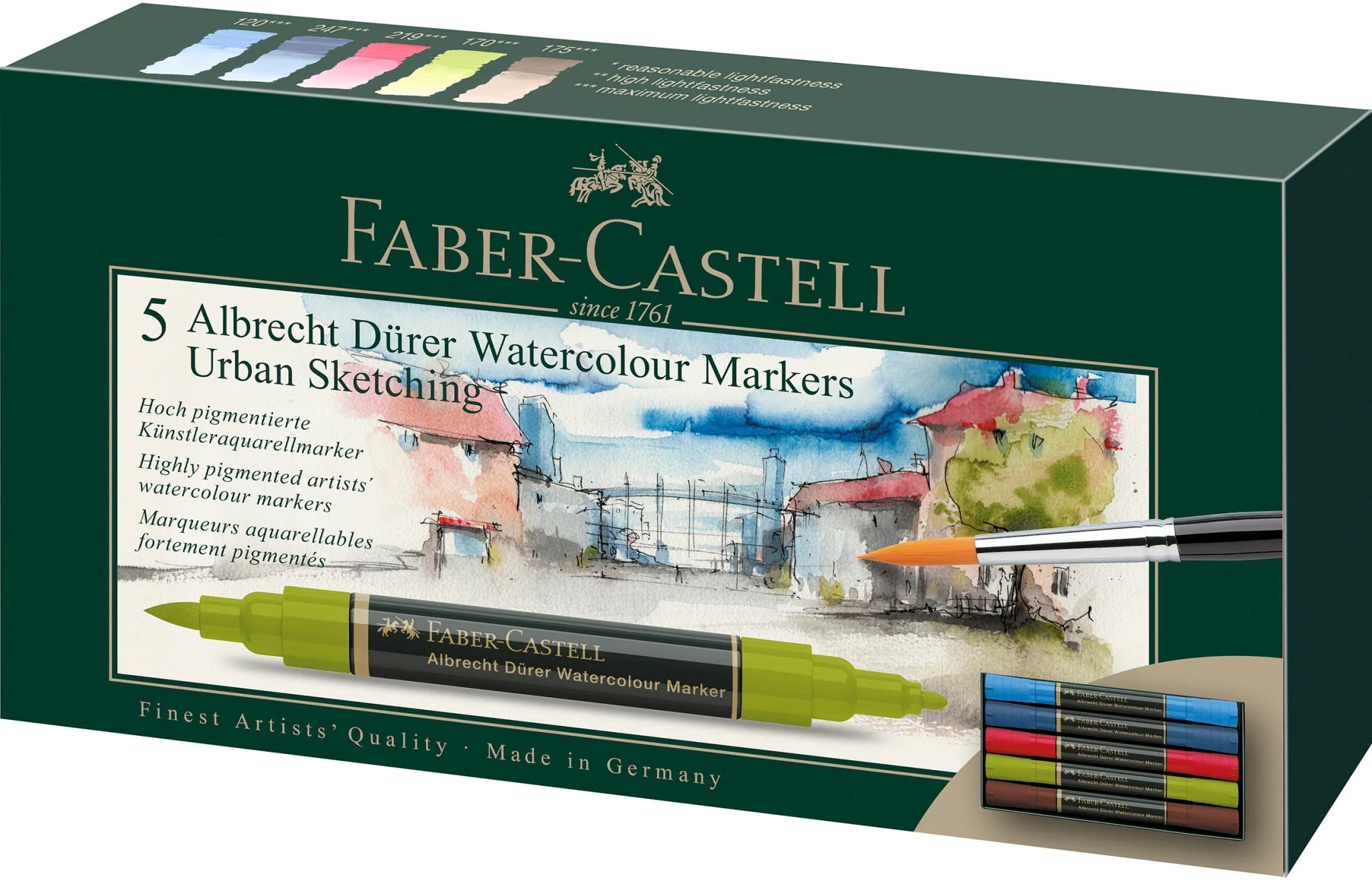 Set de markere acuarelabile Faber-Castell Albrech Dürer - Urban Sketching, 5 culori