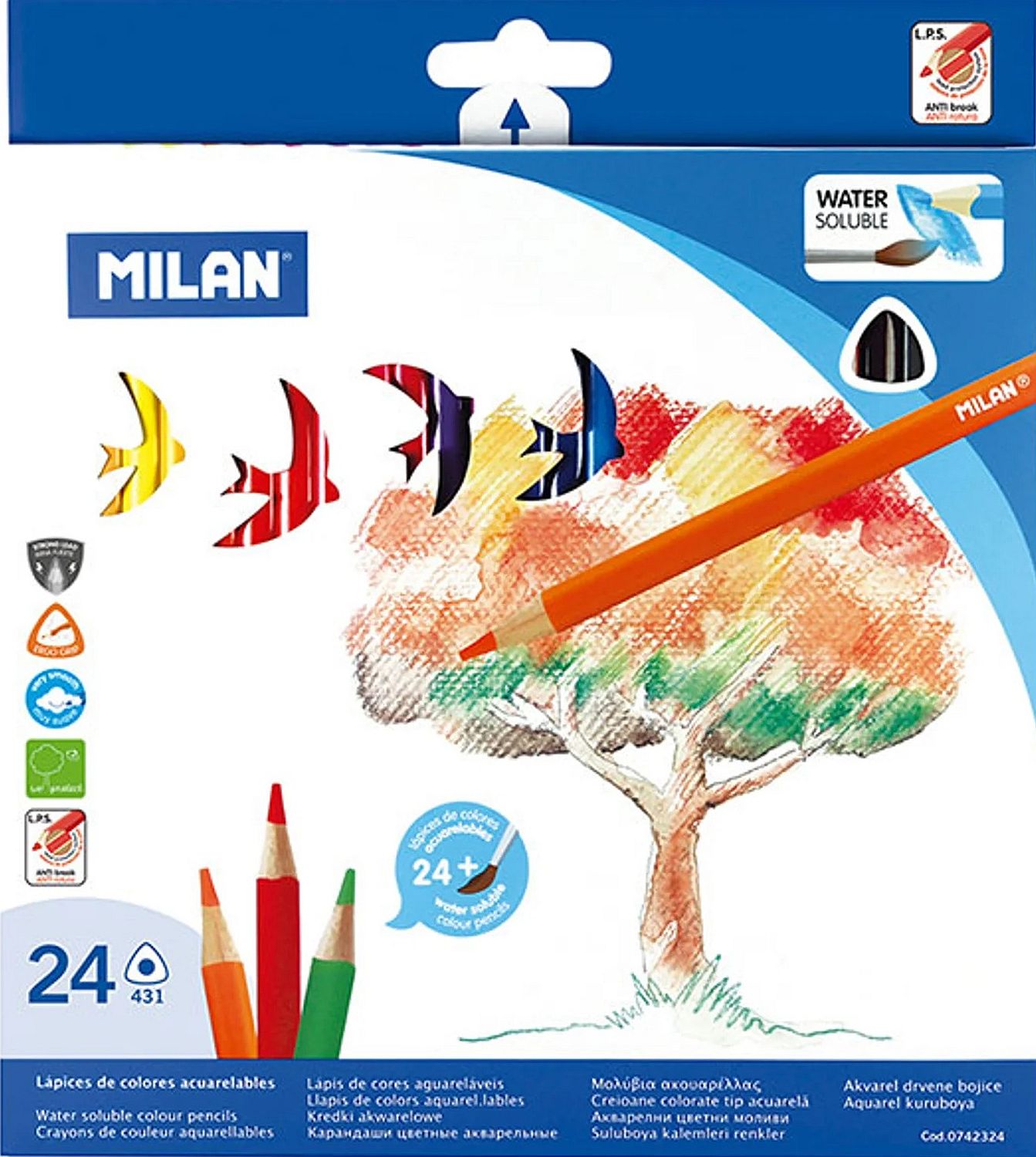 Set creioane acuarele Milan – Triunghiular, 24 de culori, cu pensula