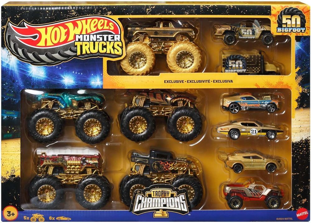 Set de cărucior Hot Wheels Monster Trucks - Bigfoot 50, Trophy Chanmpions, 1:64