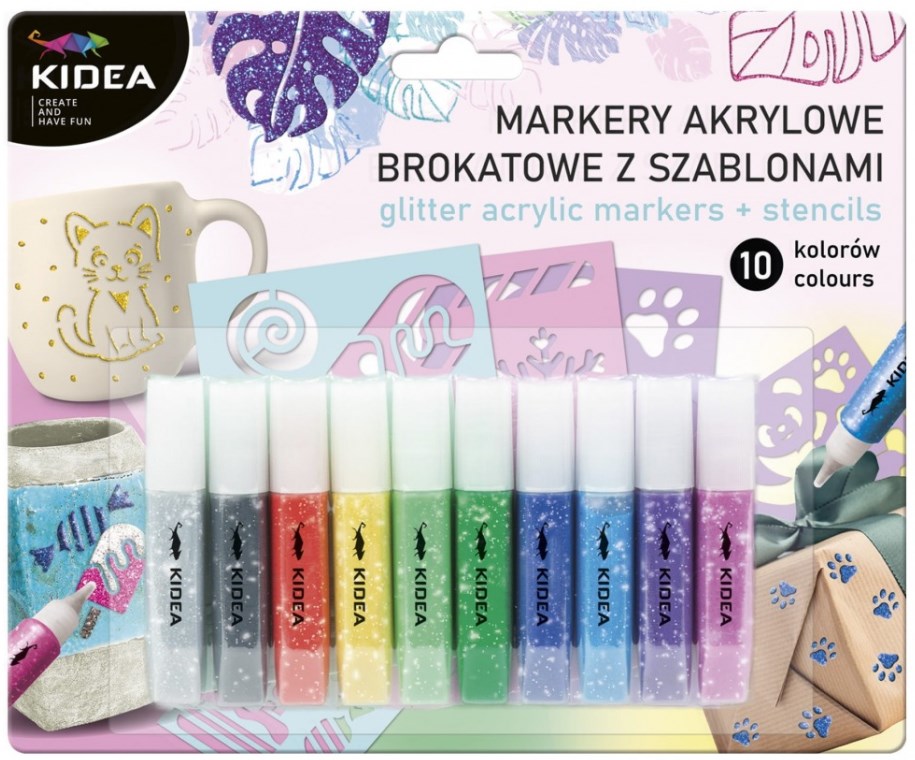 Kidea Shiny Markers Set - Acrilic, 10 culori, cu șabloane