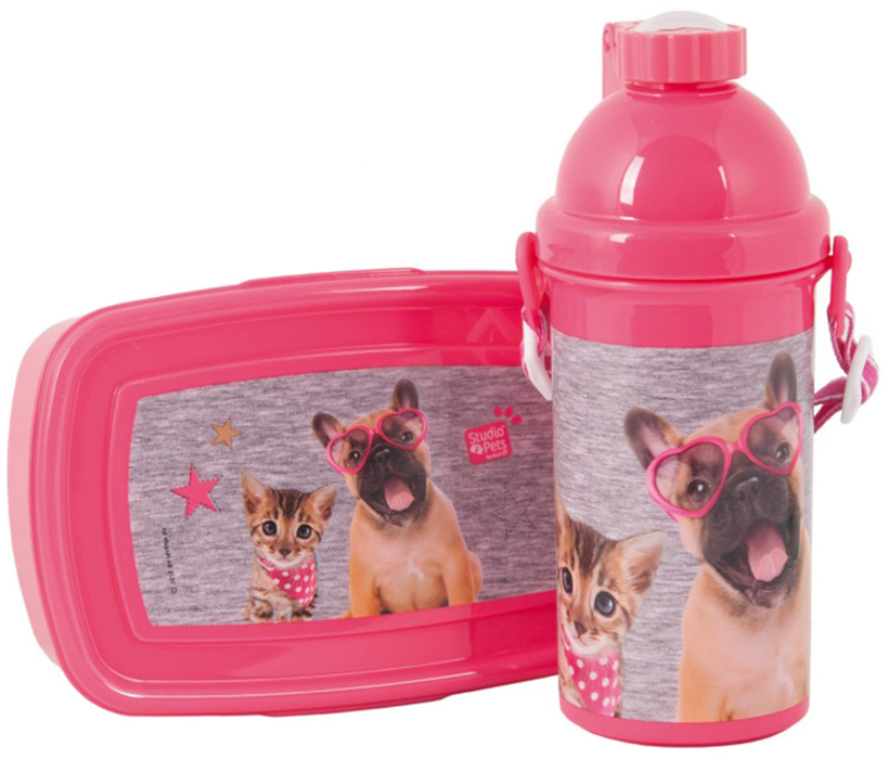 Set sticlă de apa și cutie pentru mâncare Paso Studio Pets - Catel cu ochelari in forma de inimioara