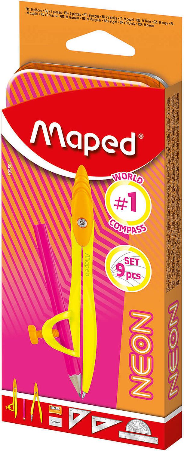 Set de instrumente de desen  Maped Neon - Study, 9 piese, cu busolă