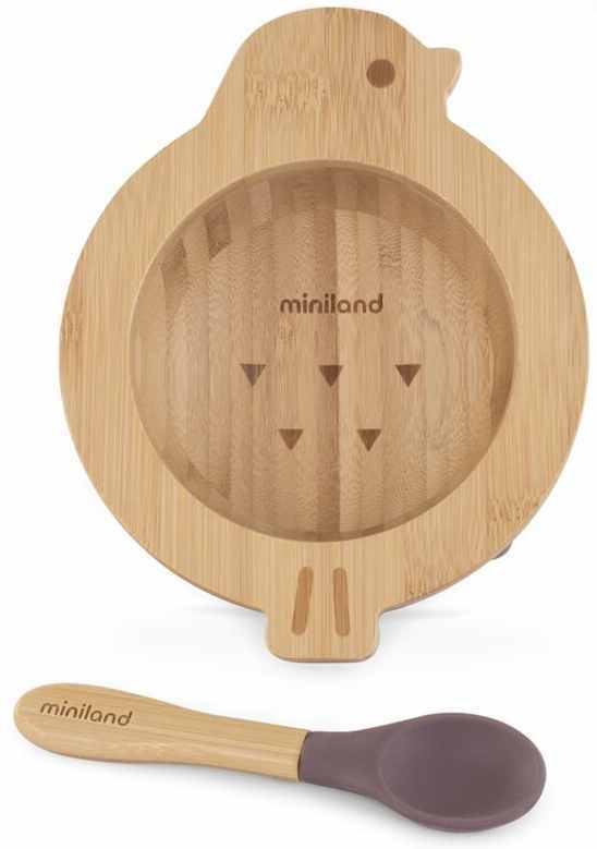 Set bol din lemn cu vacuum și lingură Miniland - Eco Friendly, Bird