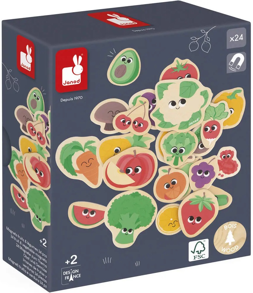 Set de magneți din lemn Janod - Fructe și legume, 24 buc