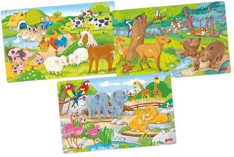 Set de puzzle-uri din lemn Goki - Animale, 3 piese