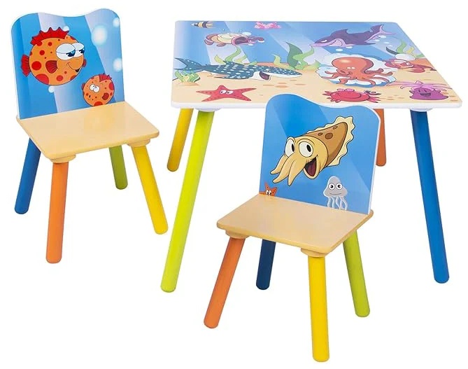 Set masă pentru copii din lemn cu 2 scaune Ginger Home - Animale marine