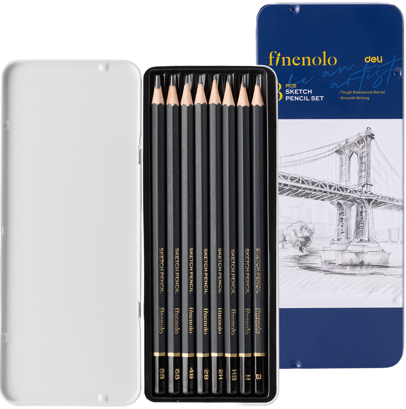 Set de creioane de grafit Deli Finenolo - EC26, 8 bucăți, cutie metalică