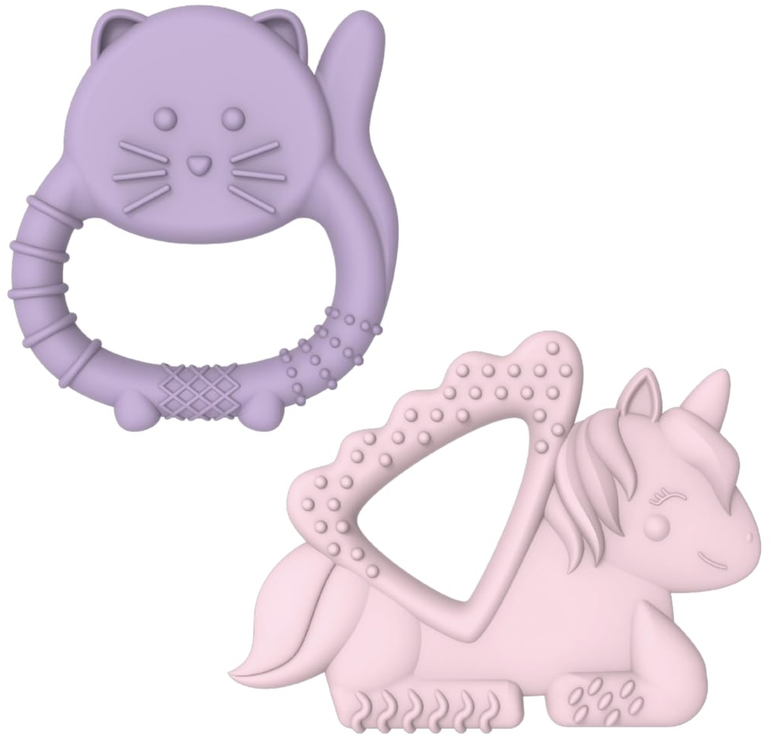 Set de jucării pentru dentiție Melii - Unicorn și pisoi, 2 buc.