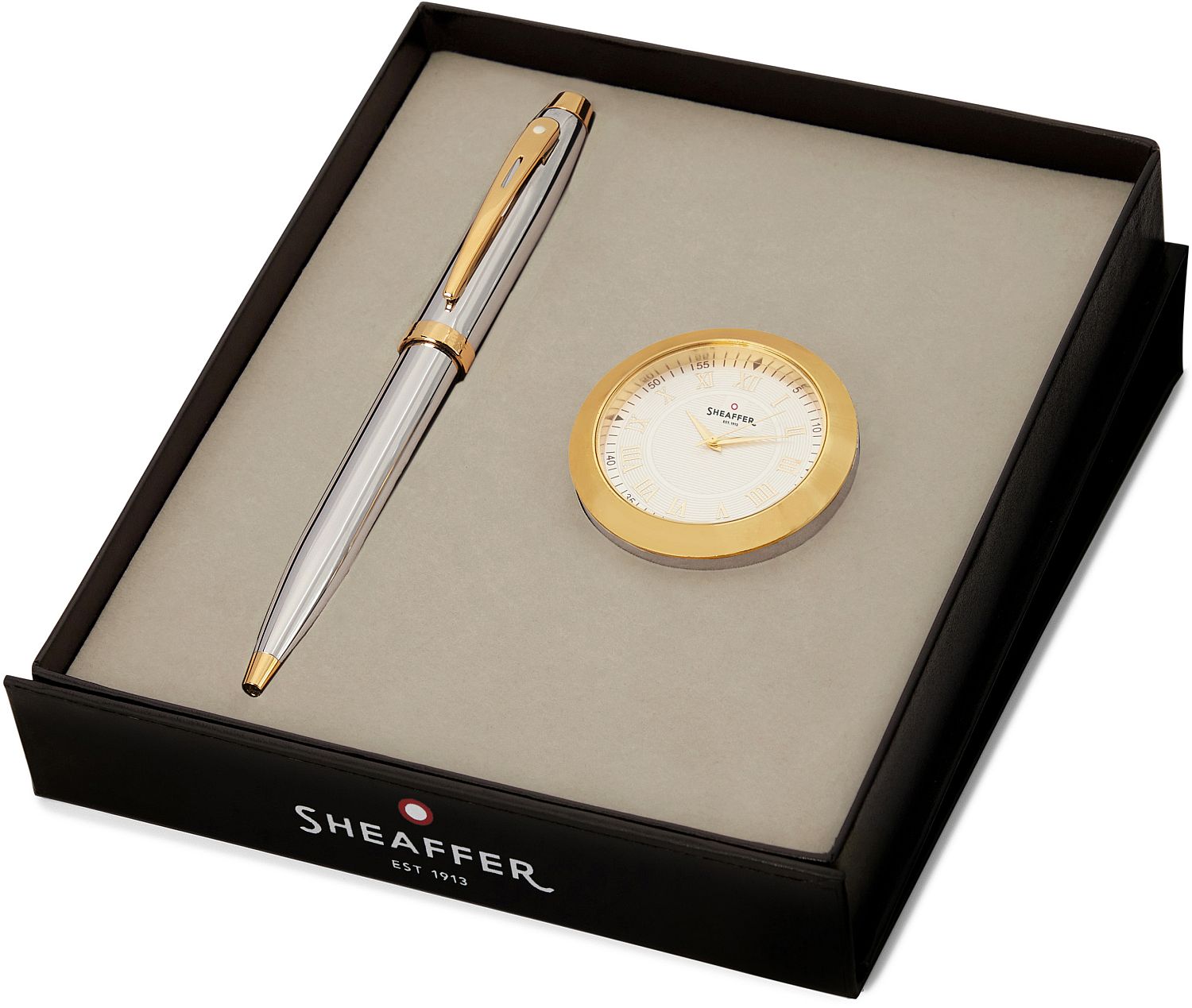 Set de pixuri  Sheaffer 100 - Bright Chrome, cu un ceas de birou