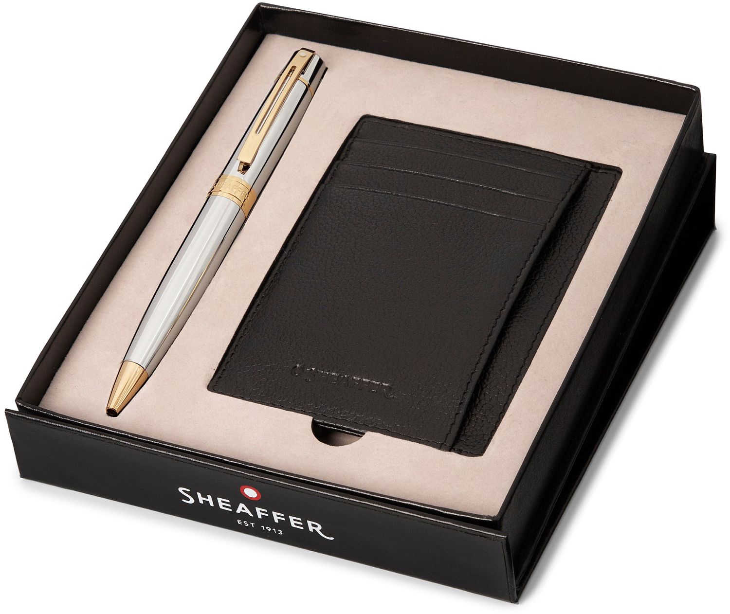 Set de pixuri  Sheaffer 300 - Bright Chrome, cu carcasă pentru carduri