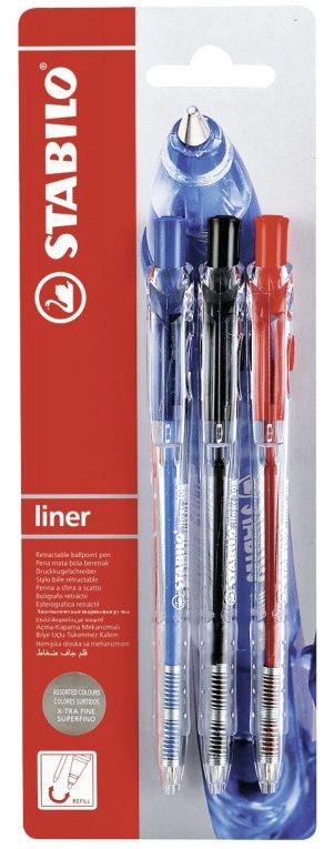 Set de stilouri Stabilo Liner - F, 3 bucăți, roșu, albastru și negru