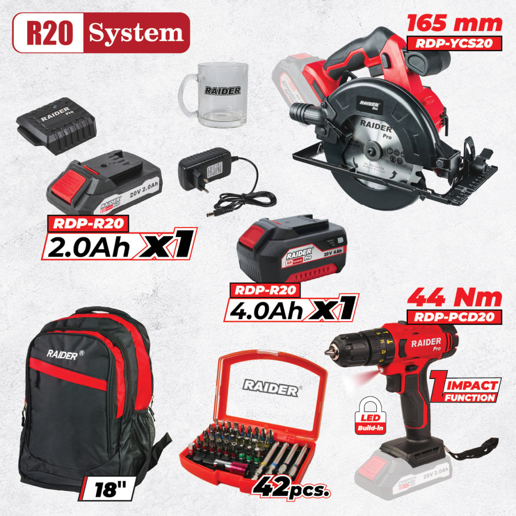 Set de unelte și accesorii Raider – R20, 2 mașini, 2Ah + 4Ah