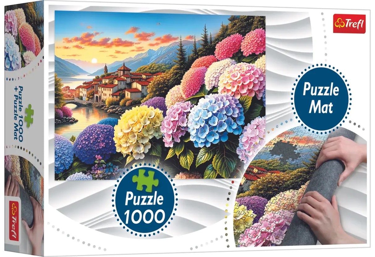 Set covoraș și puzzle Trefl de 1000 piese - Lumea fermecată a hortensiilor