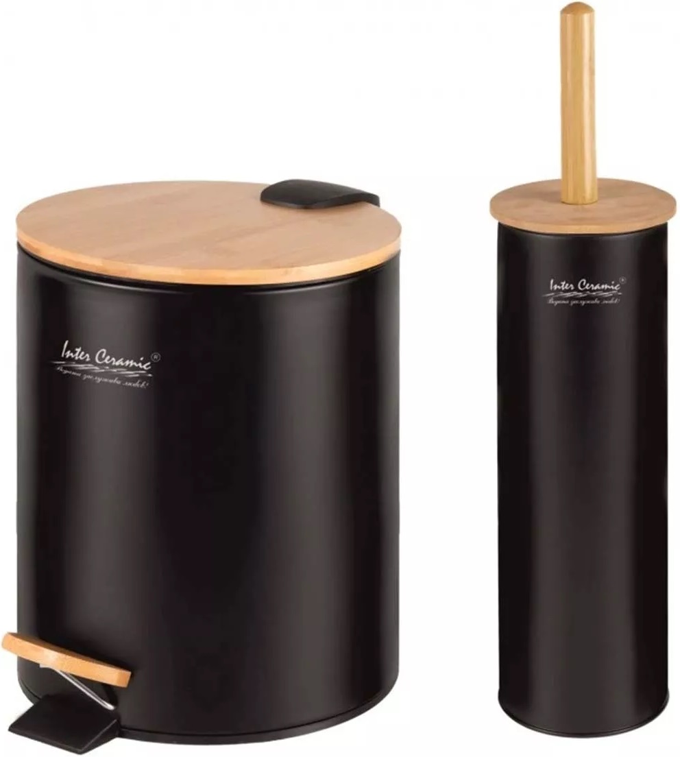 Set coș și perie pentru toaletă Inter Ceramic - 8354В, 5 l, negru-bambus