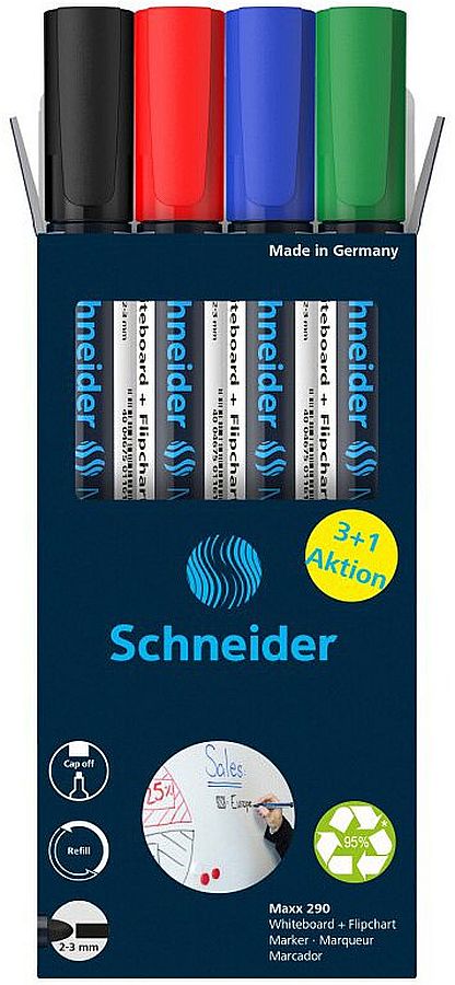 Set markere pentru tablă albă Schneider Maxx 290 - 3 mm, 4 culori