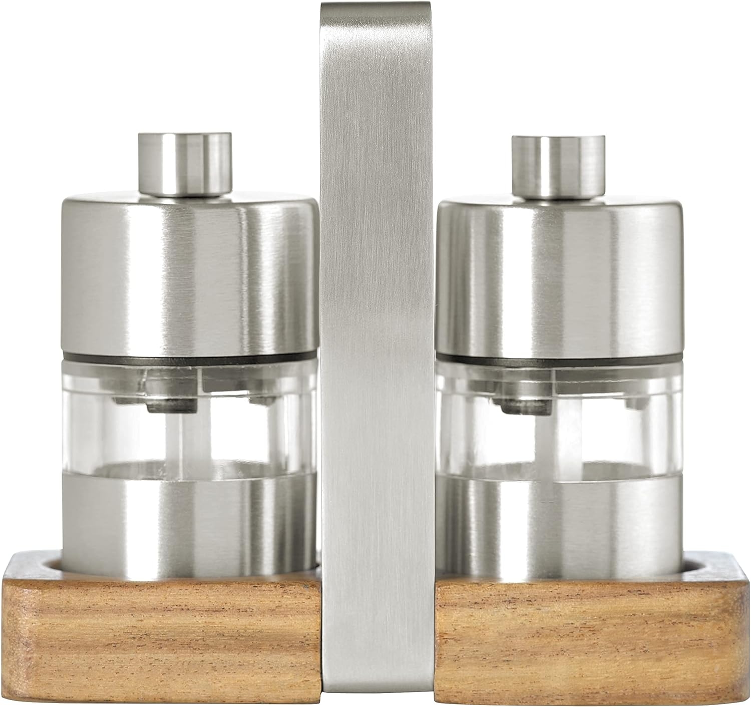 Set de râșnițe pentru sare și piper AdHoc - Menage Minimill, cu suport, 6,2 cm, oțel/acacia