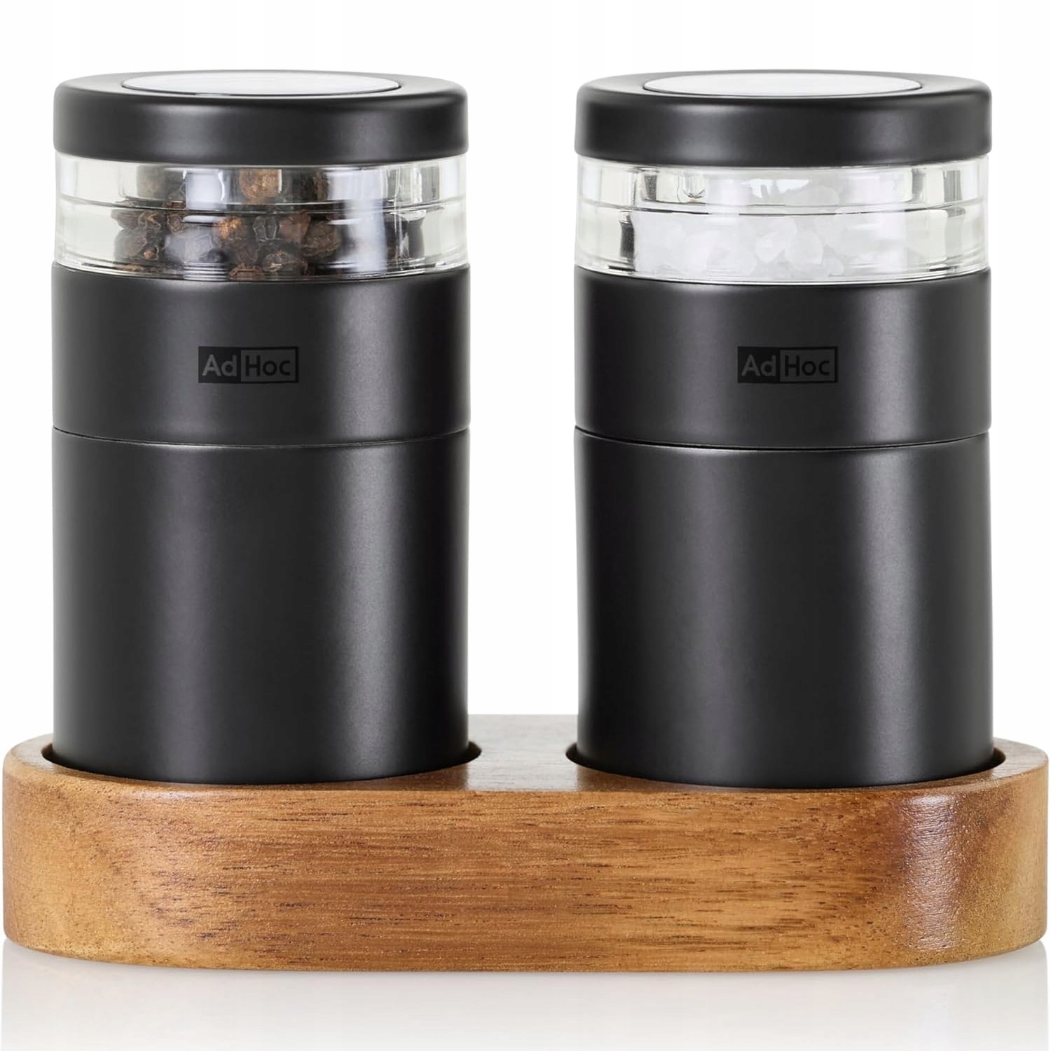 Set de râșnițe pentru sare și piper AdHoc - Menage Molto, cu suport, 9,5 cm, oțel negru/acacia